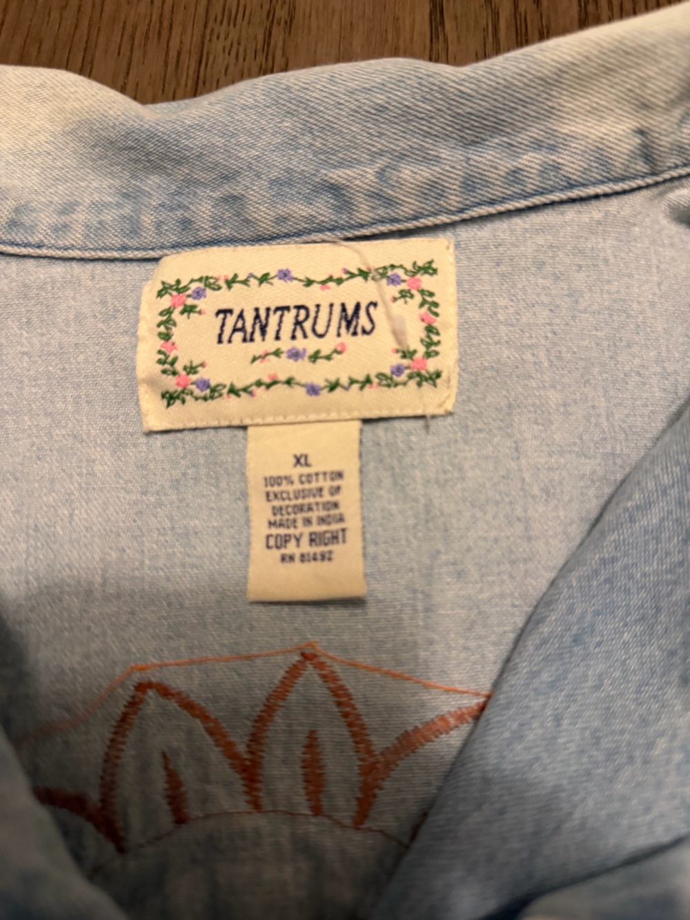 Tantrums Light Blue Denim Jacket with Colorful Sunflower Embroidery has stain - Picture 3 of 7